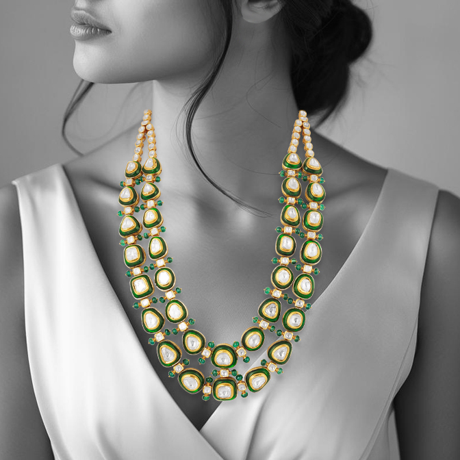 Polki Necklace with Green Chudi Work and Emerald Fungar Beads